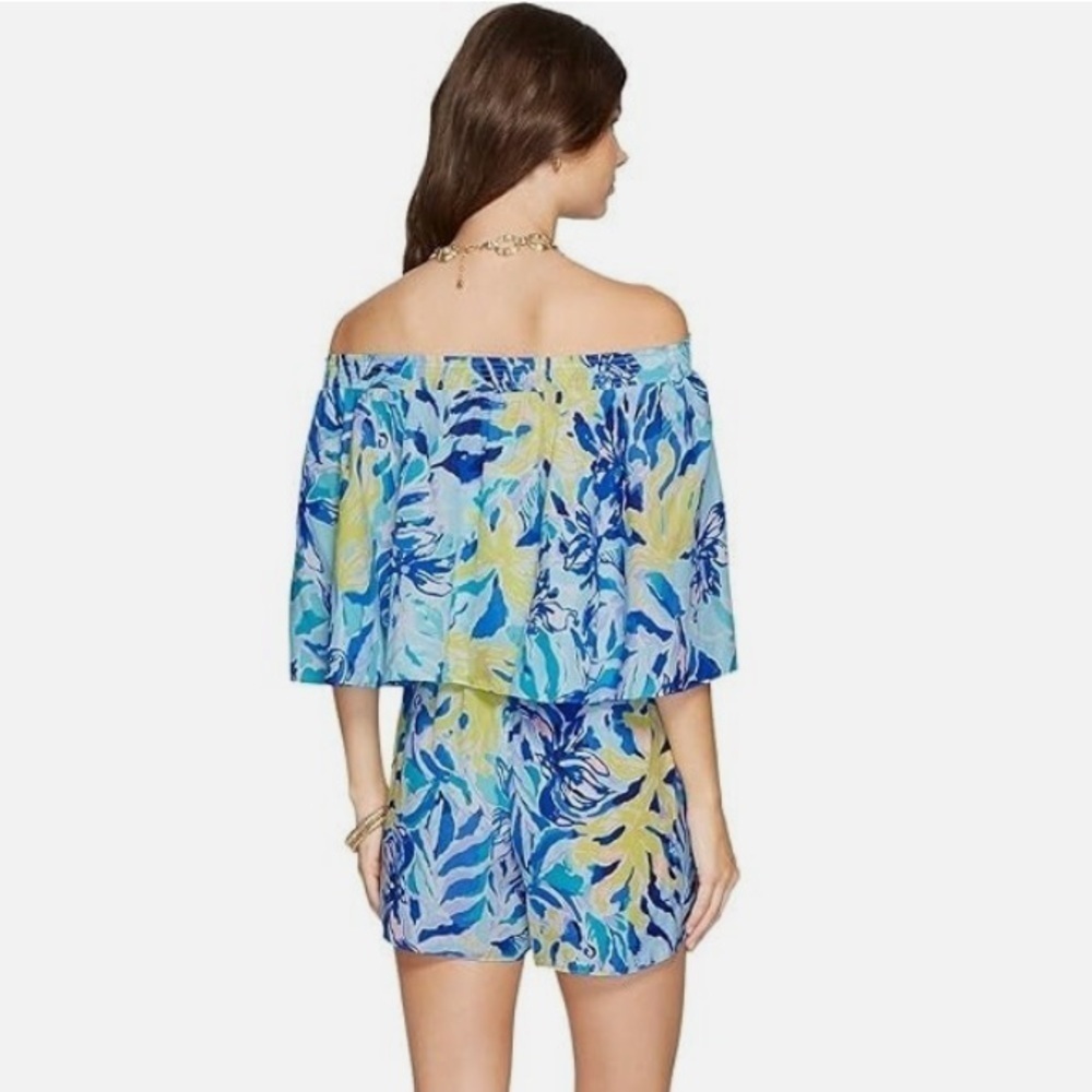 Lilly Pulitzer Blue Arbelle Tropical Print Off the Shoulder Romper - Picture 3 of 6